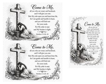 Mateo 11:28–30 Inserto bíblico con cruz vintage, arte mural cristiano imprimible en formato PNG transparente, oración y devocional.