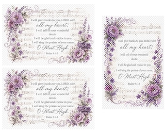 Salmo 9:1–2. Inserto bíblico vintage con motivos florales. Arte cristiano imprimible para pared. PNG transparente. Inserto para diario bíblico.