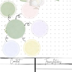 May include: A digital planner page with a light green banner and a globe graphic. The page features several pastel-colored circles connected by arrows, with the words "Context" and "Translations" at the bottom. The background is white with small black dots.