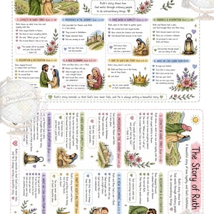 May include: A colorful infographic titled "The Story of Ruth" with illustrations depicting key events. The text highlights themes of love, loyalty, and faith. The illustrations include people, landscapes, and text.