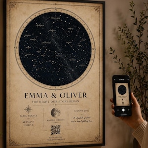 May include: A framed rectangular wall poster featuring a circular dark blue star map, the names EMMA & OLIVER, the text THE NIGHT OUR STORY BEGAN, a moon phase icon, coordinates for Paris, France, the date 12 JUNE 2022, and a scannable QR code.