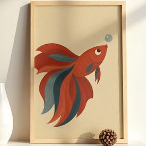 Minimalistischer Betta Fisch Wand Kunst Druck, Mid Century Modern Fisch Dekor, naive Kunst Poster, Retro Küsten druckbare, digitaler Download