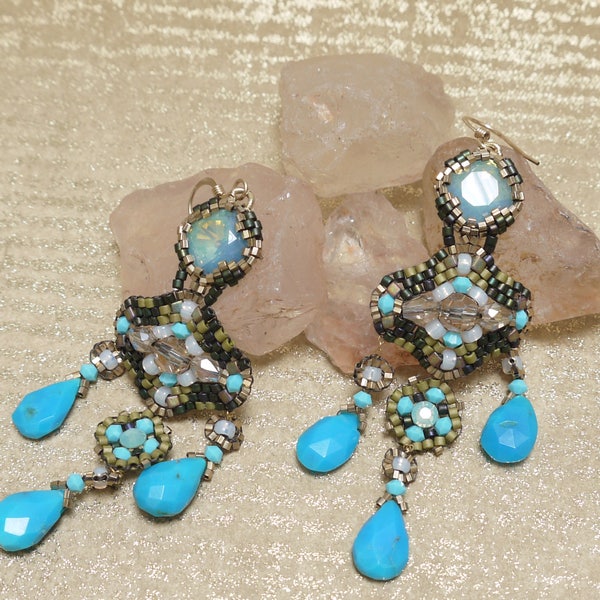 Turquoise and Swarovski Vintage Style Beaded Dangle Earrings