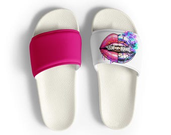 Yin n Bang Pink Slides, Chrome Lips Slide Sandals, Glam Streetwear Summer Unisex Slides