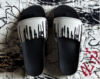 Black White Drip Bandana Slides | Urban Streetwear Slip On Sandals