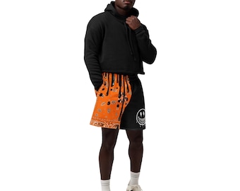 Orange Black Bandana Smiley Face Streetwear Shorts, Color Block Summer Unisex Fit