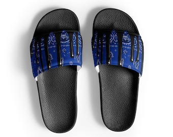 Custom Blue Bandana Slides, Black Drip Streetwear Sandals, Unisex Summer Slide Sandals