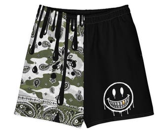 White Green Camo Shorts, Smiley Face Streetwear Shorts, Unisex Color Block Summer Shorts