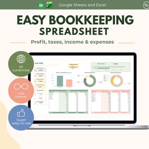 Peut inclure: Une feuille de calcul de comptabilité numérique pour Google Sheets et Excel affichée sur un écran d'ordinateur portable. L'interface présente des graphiques, des tableaux et des données financières. Trois icônes circulaires soulignent les fonctionnalités.