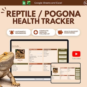Peut inclure: Un suivi de santé pour reptiles affiché sur un ordinateur portable et une tablette, avec un dragon barbu au premier plan. L'écran montre un profil d'animal de compagnie. Texte : "REPTILE / POGONA HEALTH TRACKER" et "RAPPELS AUTOMATIQUES".