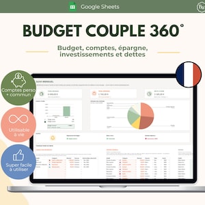 Może przedstawiać: Cyfrowy arkusz budżetowy Google Sheets wyświetlony na ekranie laptopa, zatytułowany BUDGET COUPLE 360. Interfejs zawiera dane finansowe, w tym miesięczne podsumowania, wykresy słupkowe oraz wykresy kołowe do śledzenia wydatków osobistych i wspólnych.
