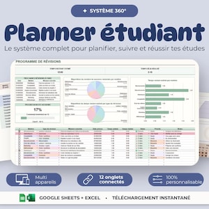 Peut inclure: Un tableau de bord numérique de planner étudiant avec un programme de révisions, un suivi de progression et des graphiques. L'interface comprend des tableaux pour les tâches, l'estimation du temps et les matières, compatible Google Sheets et Excel.