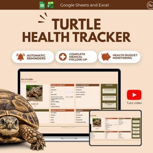 Puede incluir: Una tortuga está frente a una computadora portátil y una tableta que muestra una hoja de cálculo "Turtle Health Tracker". La imagen incluye texto: "Recordatorios automáticos", "Seguimiento médico completo" y "Control del presupuesto de salud".