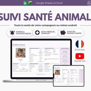 Może przedstawiać: Laptop i tablet wyświetlają interfejs śledzenia zdrowia zwierząt. Ekran pokazuje profil zwierzęcia ze szczegółowymi informacjami medycznymi i finansowymi. Interfejs zawiera automatyczne przypomnienia i śledzenie budżetu zdrowotnego. U góry widnieje napis "SUIVI SANTÉ ANIMAL".