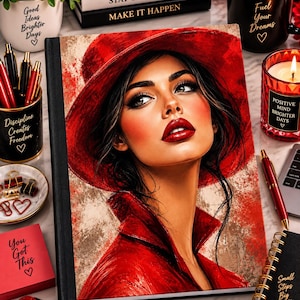 May include: A hardback journal featuring a vibrant illustration of a person wearing a wide-brimmed red hat and a red collared coat. The artwork displays a textured, painterly style with bold red tones and a neutral background, capturing a focused gaze.