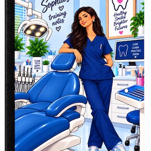May include: A notebook cover featuring a dental office illustration with a person in blue scrubs leaning on a dental chair. Text reads: Sophia's training notes, Clean teeth happy people, Healthy Smiles Brighter Futures, and Care Learn Practice Grow.