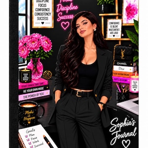 May include: A journal cover featuring a woman in a black blazer and trousers, surrounded by motivational decor including neon signs reading Focus Discipline Success, books, a pink flower bouquet, a coffee mug, and a notepad with a goals checklist.