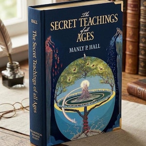 Puede incluir: Un libro de tapa dura titulado "The Secret Teachings of All Ages" de Manly P. Hall. El libro tiene una cubierta azul oscuro con letras doradas y una ilustración detallada. El lomo dice "The Secret Teachings of all Ages" y "Hall".