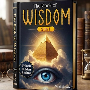 Peut inclure: Un livre à couverture rigide intitulé "The Book of Wisdom" avec une illustration de pyramide et un œil bleu. La couverture présente le texte "2 en 1" et "Unlock Hidden Realms". Le nom de l'auteur, Noah S. Josep, est également visible.