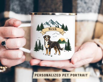 Taza para perros de campamento, taza para perros de senderismo, regalo para amantes de la naturaleza, taza de esmalte personalizada para mascotas, taza de café para acampar, regalo para papás perrunos, regalo para el Día del Padre