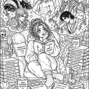 May include: Black and white illustration of a person reading a book titled "A Court of Chaos & Cravings", surrounded by thought bubbles of fantasy characters. Books, mugs, and notebooks with text like "Fueled by Smut" and "Book Boyfriends Are Better" are also present.