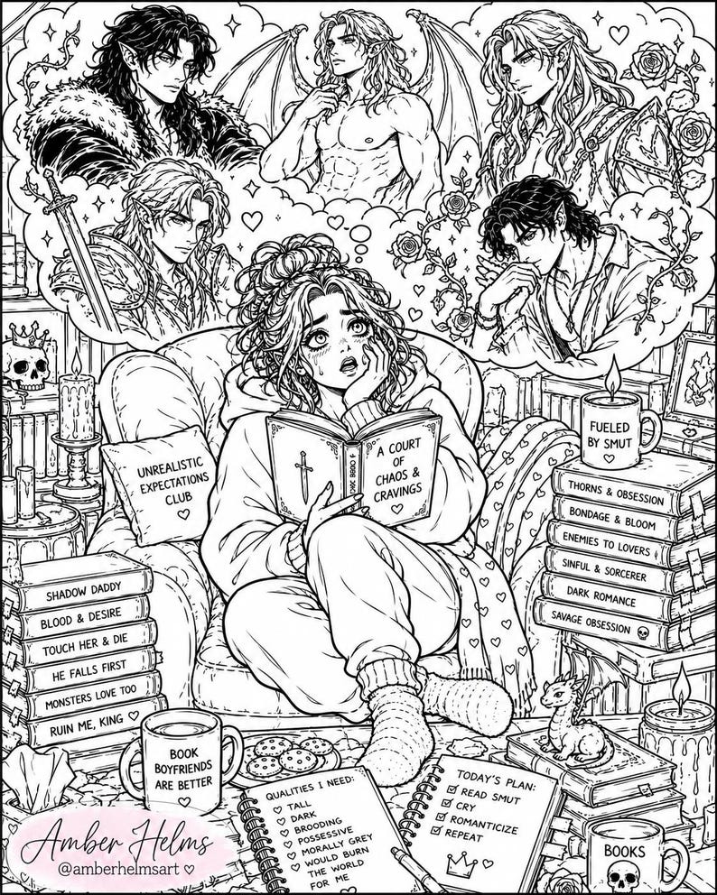 May include: Black and white illustration of a person reading a book titled "A Court of Chaos & Cravings", surrounded by thought bubbles of fantasy characters. Books, mugs, and notebooks with text like "Fueled by Smut" and "Book Boyfriends Are Better" are also present.
