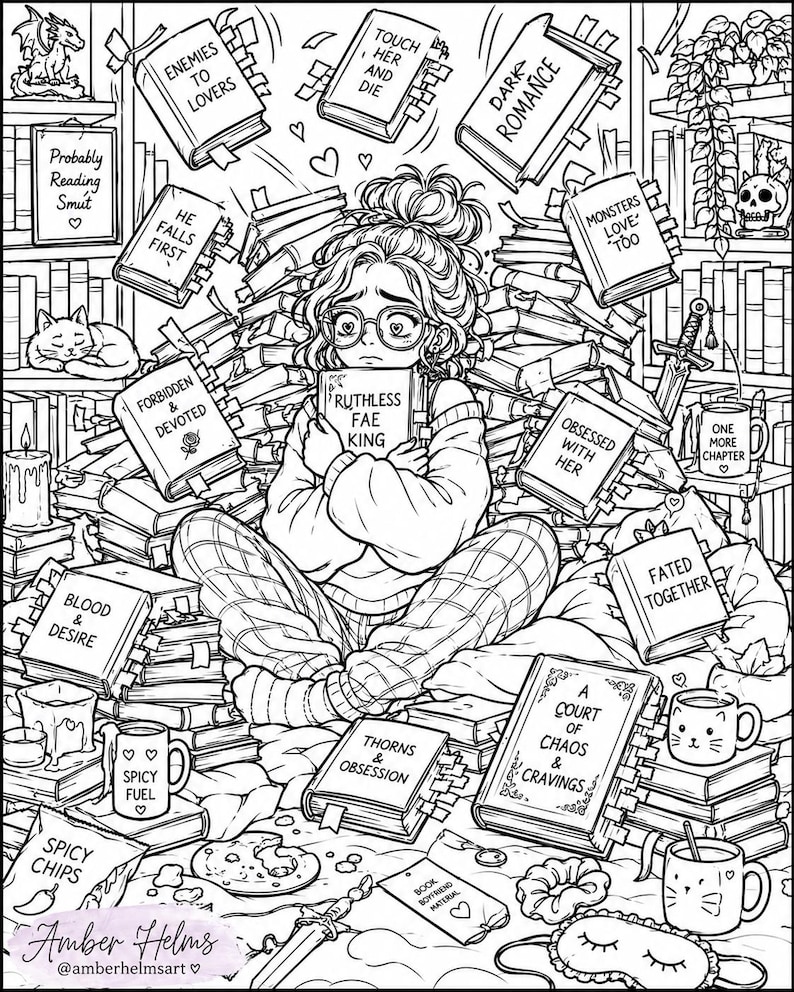 May include: Black and white illustration of a person surrounded by books with titles like "Ruthless Fae King" and "Enemies to Lovers." The image includes a cat, mugs, and the text "Probably Reading Smut."