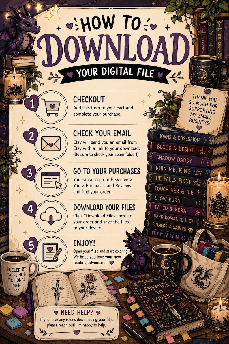 May include: A digital download guide with a fantasy theme. It features a step-by-step process with illustrations, including a shopping cart, email icon, and cloud download symbol. The image includes books, mugs, candles, and a small dragon figurine.