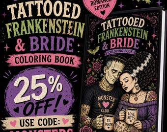Tattooed Frankenstein & Bride Coloring Book | Love You to Pieces | Printable Digital Copy