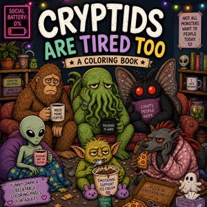 May include: A coloring book titled "Cryptids Are Tired Too" featuring various cryptids, including Bigfoot, an alien, and a moth-like creature. The illustration has text that reads "Funny, Dark & Relatable Coloring Pages For Adults."