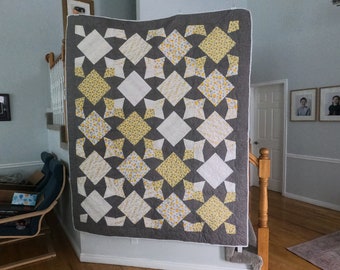 67" x 82" Grey Quilt with White & Yellow. Pattern is called Kite. Grey Linen look, Modern, watercolor, large quilt, for guy or gal, gift