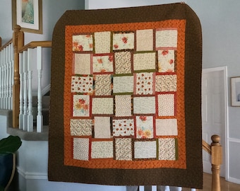 56" x 63" Fall Quilt - Adel in Fall Fabric Line. Fall colors, leaves, flowers, vines, brown, orange, green, tan, burnt orange. Boxes.