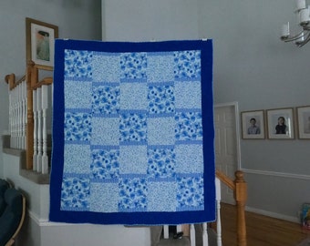 57" x 66" Dark Blue Quilt. Flowers. Blue and White. Light and Dark Blue. Throw Size. Large Baby Quilt, Throw Quilt, Car, Picnic, Couch, Gift