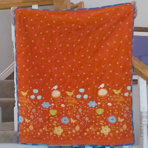 30&quot; X 34&quot; Orange Floral #1 Baby Quilt with Blue Binding