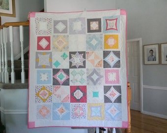 55'+" x 57" Cathedral Window Quilt with Sewing and Quilting Printed Fabric. Great for a wall hanging or a throw quilt. pastel colors. fun.