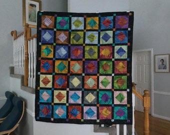 60" X 67" Square in Square Quilt with Modern Wavy Lines and Jewel Tones. Damask Print on the back in Black. Large Throw Quilt. Bold Colors