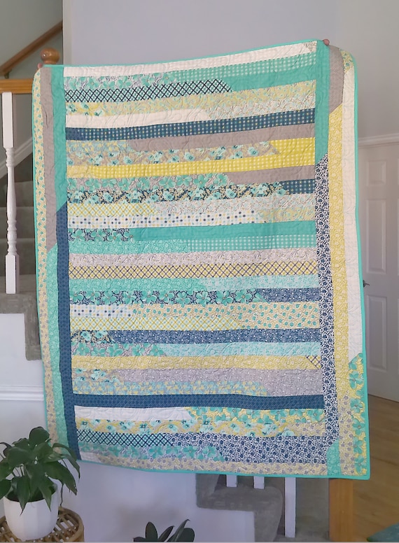 51 X 63 Teal and Yellow Jelly Roll Race Throw Size Etsy