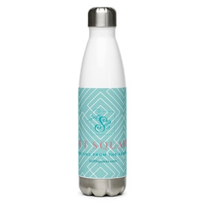 Stainless Steel Water Bottle print says: " Soft Squares quilting from the heart "