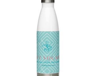 Stainless Steel Water Bottle print says: " Soft Squares quilting from the heart "