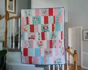 47" x 58" Bicycles & Flowers Quilt. Bright, yet soft. Flowers, Bicycles, Bike, Spring, Large Throw Quilt, Woman, Dorm Room, Gift, Pink
