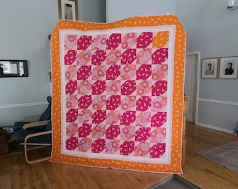 88" x 99" Pink and Orange Large Quilt using Free Spirit Fabrics. Great for a big or little girl, anyone who likes pink. birds and flowers.