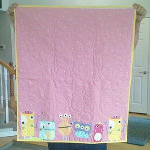29&quot; X 34&quot; Cute Baby Monsters #1 on Pink Baby Quilt with YELLOW binding