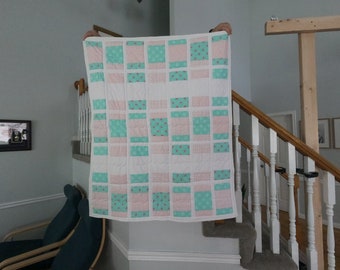 39" x 46" Baby Quilt. Pastel colors. Pink, White, Teal, Baby Print, Tiny Print, Bitty Goodness is the pattern name, crib, thick, fluffy