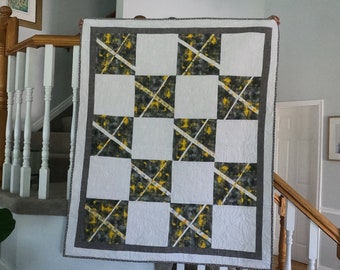 41" x 50" Criss Cross Quilt - Grey, White & Yellow. Matches the other Gray and White Quilt that is listed. Great for men or women, kids too.