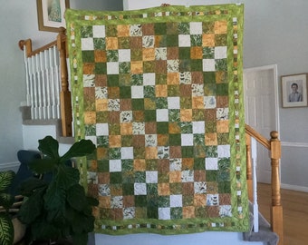 68' X 82" Four Squares Quilt. Nature print. Wood grain, leaves, rock, pine cones, vines cork, feathers, birds. Microfiber Minky back. Thick!