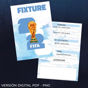 May include: A digital PDF and PNG file featuring a soccer fixture schedule for the 2026 FIFA World Cup. The design includes a trophy graphic, the word "FIXTURE" and match details. The background is a dark blue.