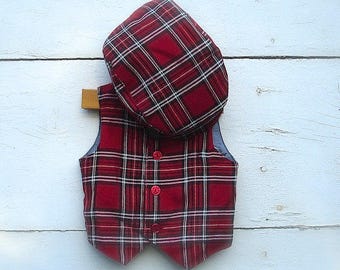 Christmas Baby Boy outfit set- Red plaid VEST and HAT,  Red Baby Vest and Hat, photo prop for boy (sizes available 6 to 18 months)