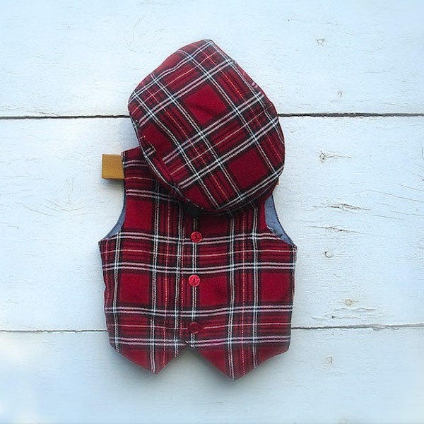 Christmas Baby Boy outfit set- Red plaid VEST and HAT,  Red Baby Vest and Hat, photo prop for boy (sizes available 6 to 18 months)