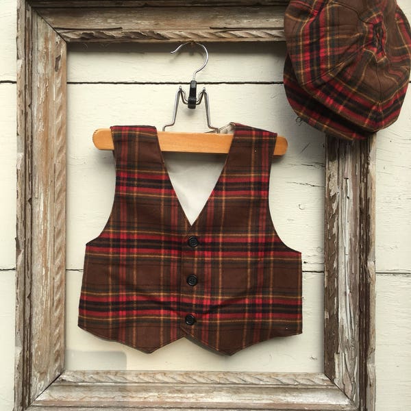 brown plaid  boys VEST and HAT, vest for boys, ring bearer vest, photo prop for boys