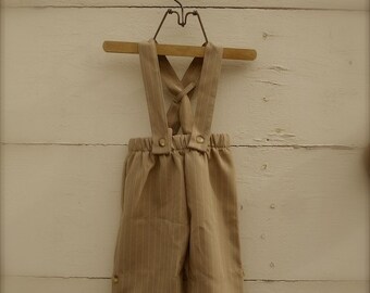 pinstripe tan 12-18months overalls, pinstripe overalls, tan overalls, boys overalls, adjustable overalls short or knickers length